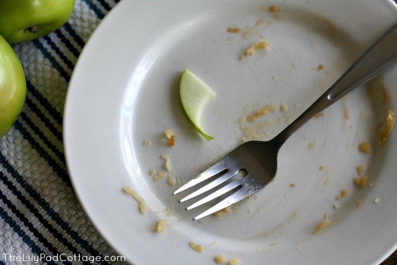 A plate with a fork and knife, with Cake and Apple