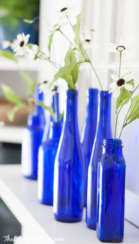A close up of blue bottles