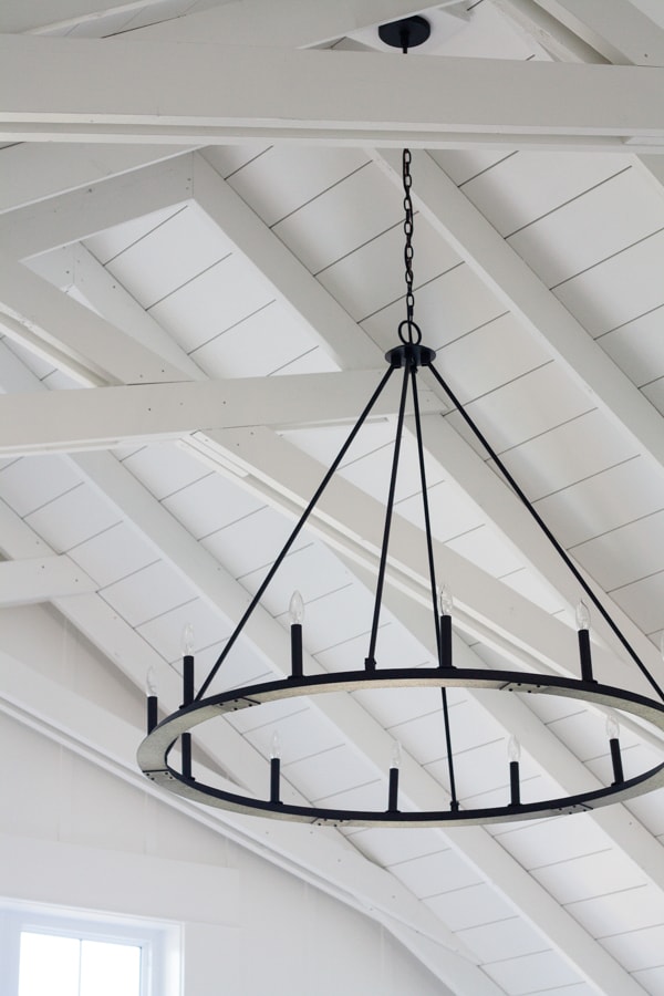 A large wagon wheel light fixture 