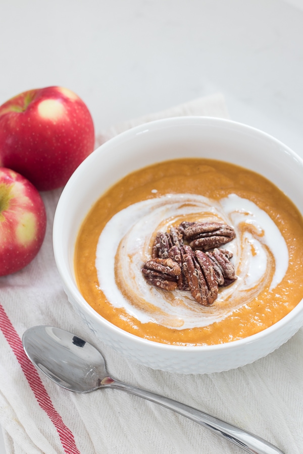 Roasted Apple Sweet Potato Soup with Candied Pecans