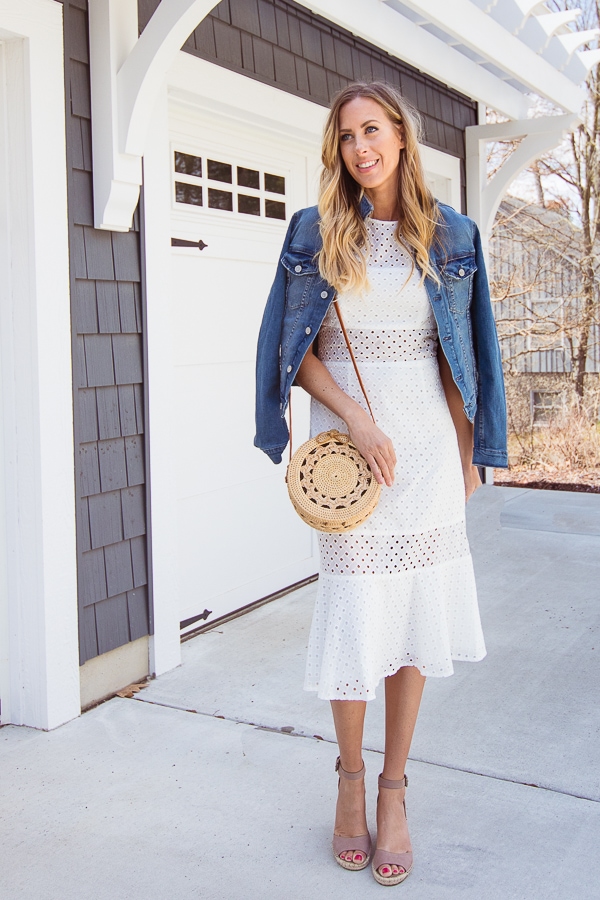 White Eyelet dress straw bag outfit