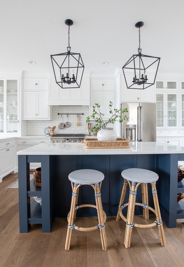 A navy kitchen island