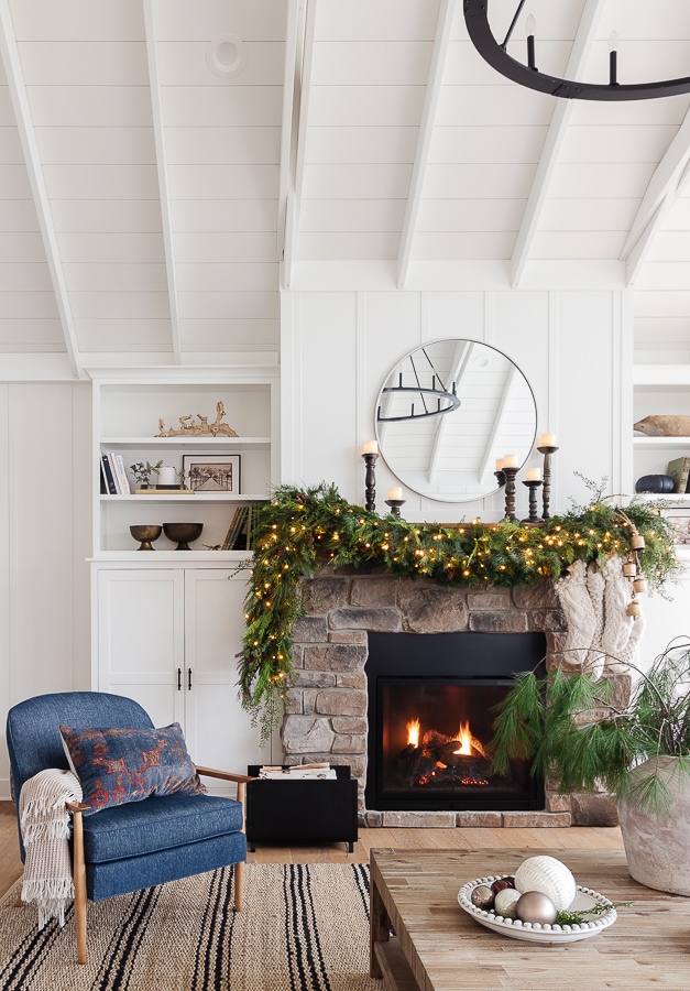 A living room filled with furniture and a fire place decorated for Christmas