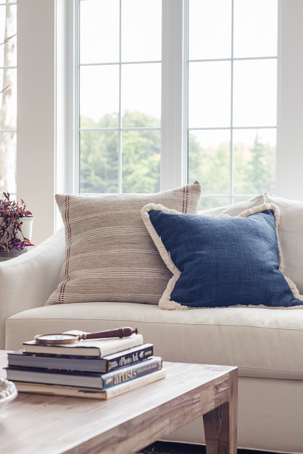white couch with blue and neutral toned pillow