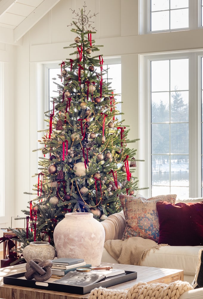 Gold and burgundy Christmas tree decor
