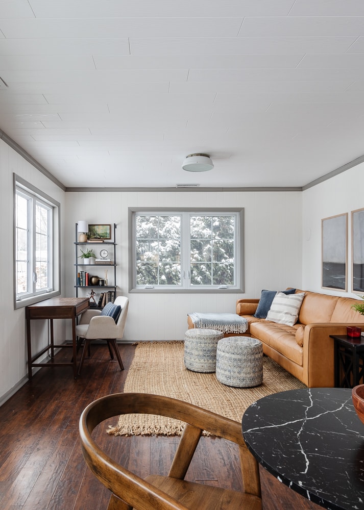 living room with white planked walls and ceiling