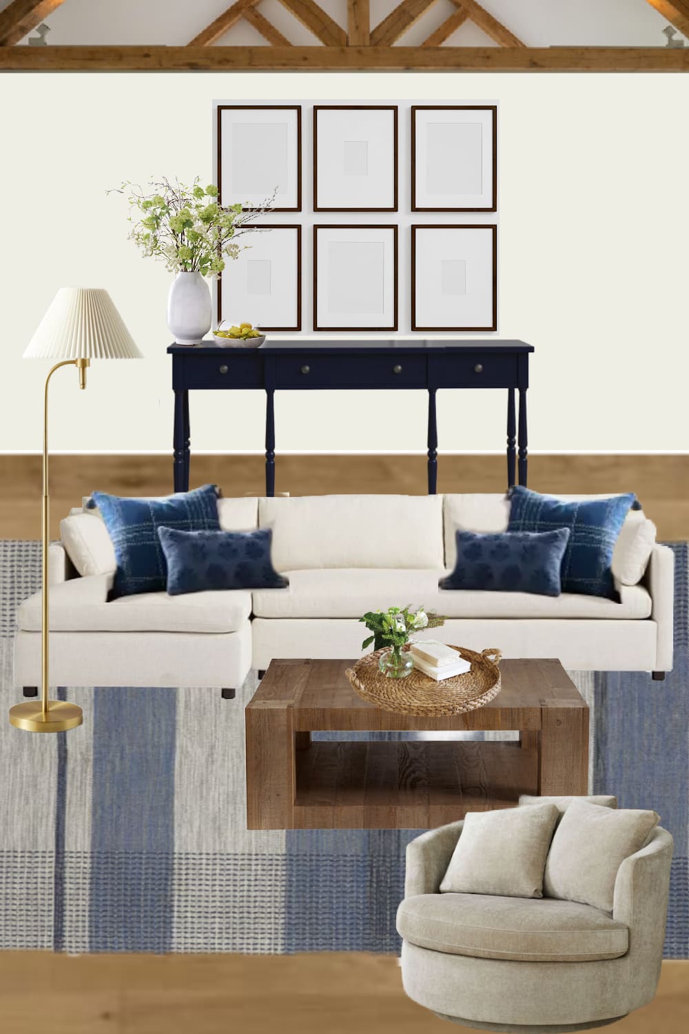 lake house living room design board with white sofa blue rug and wood table