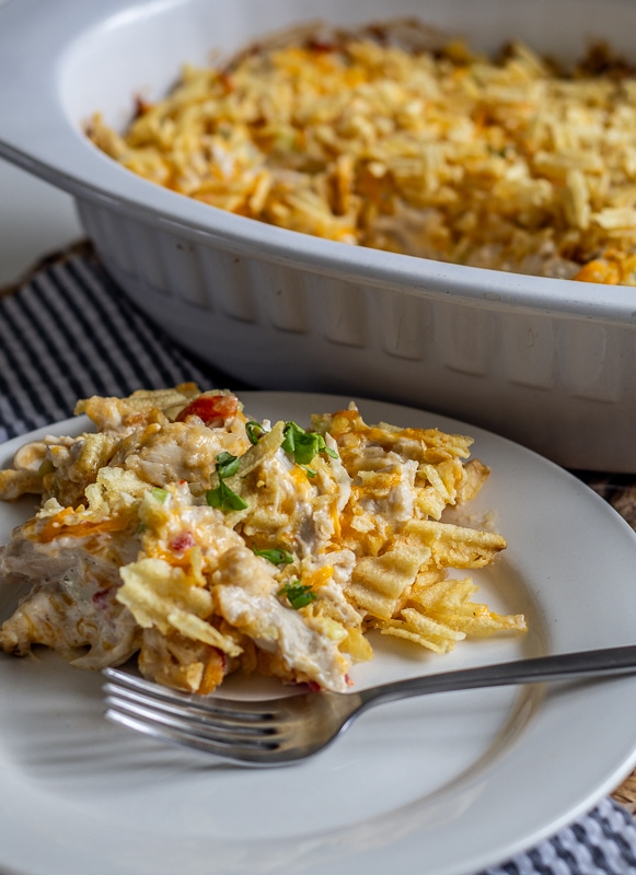 hot chicken salad on a white place with a fork