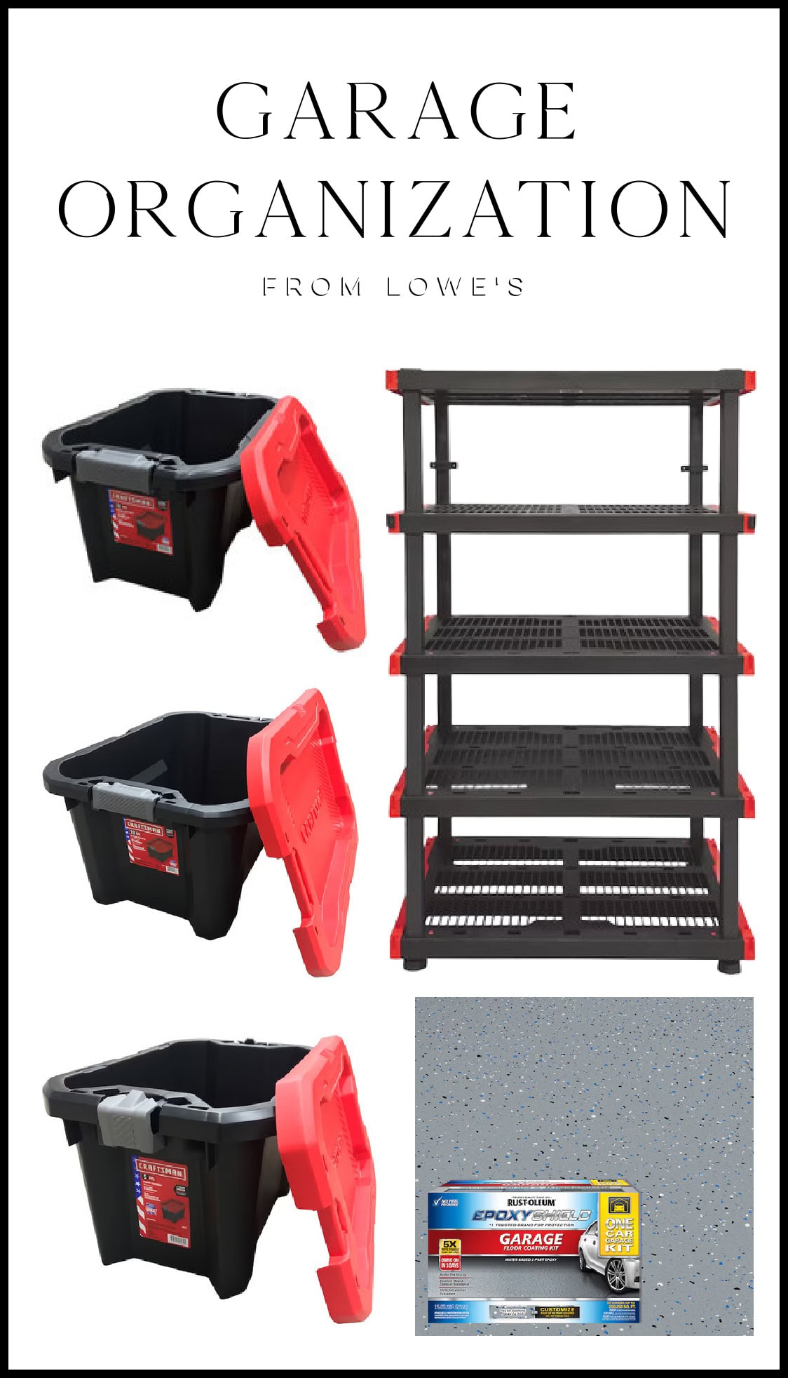 collage of garage shelving and bins
