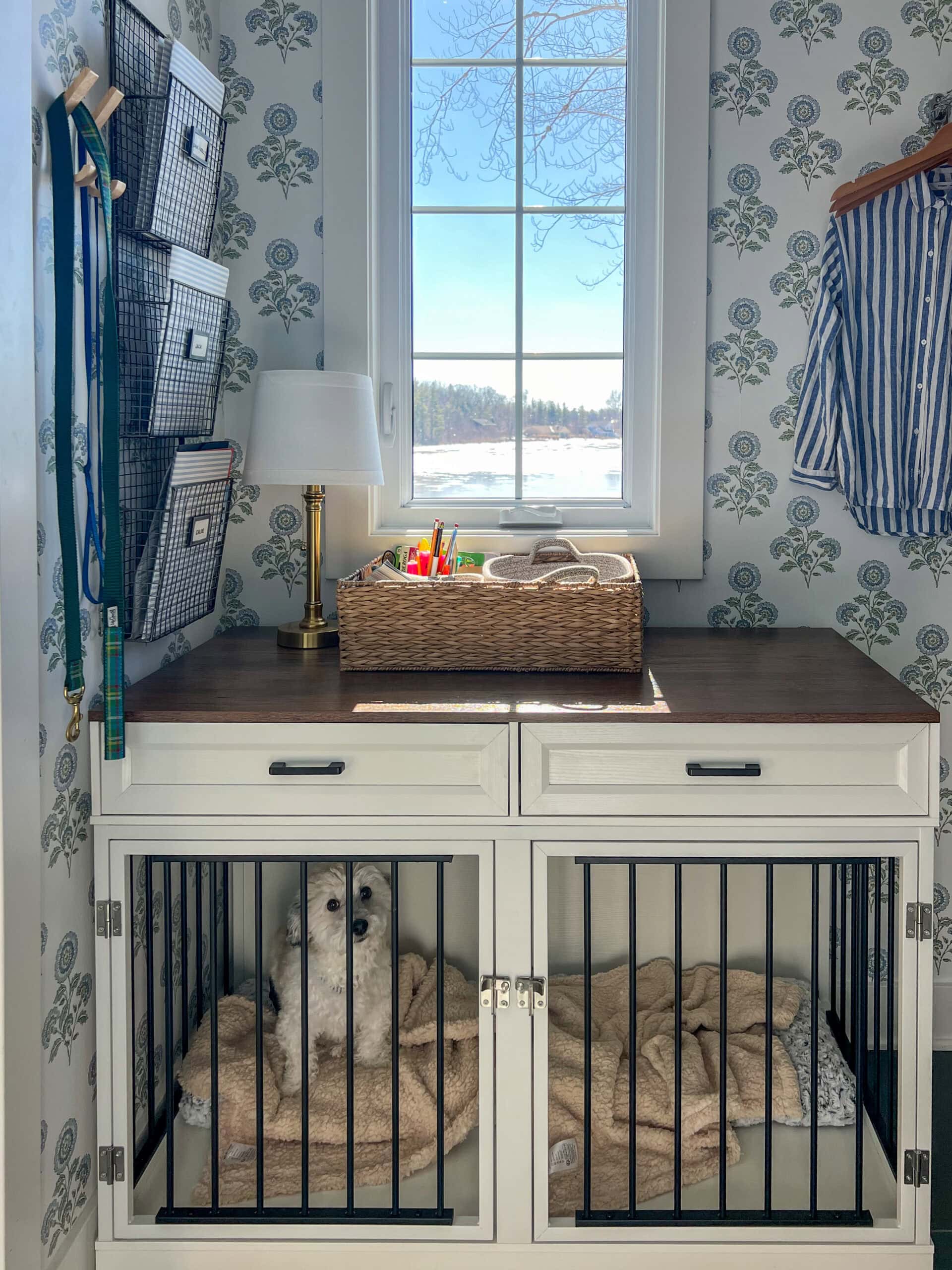 white and wood dog kennel furniture piece
