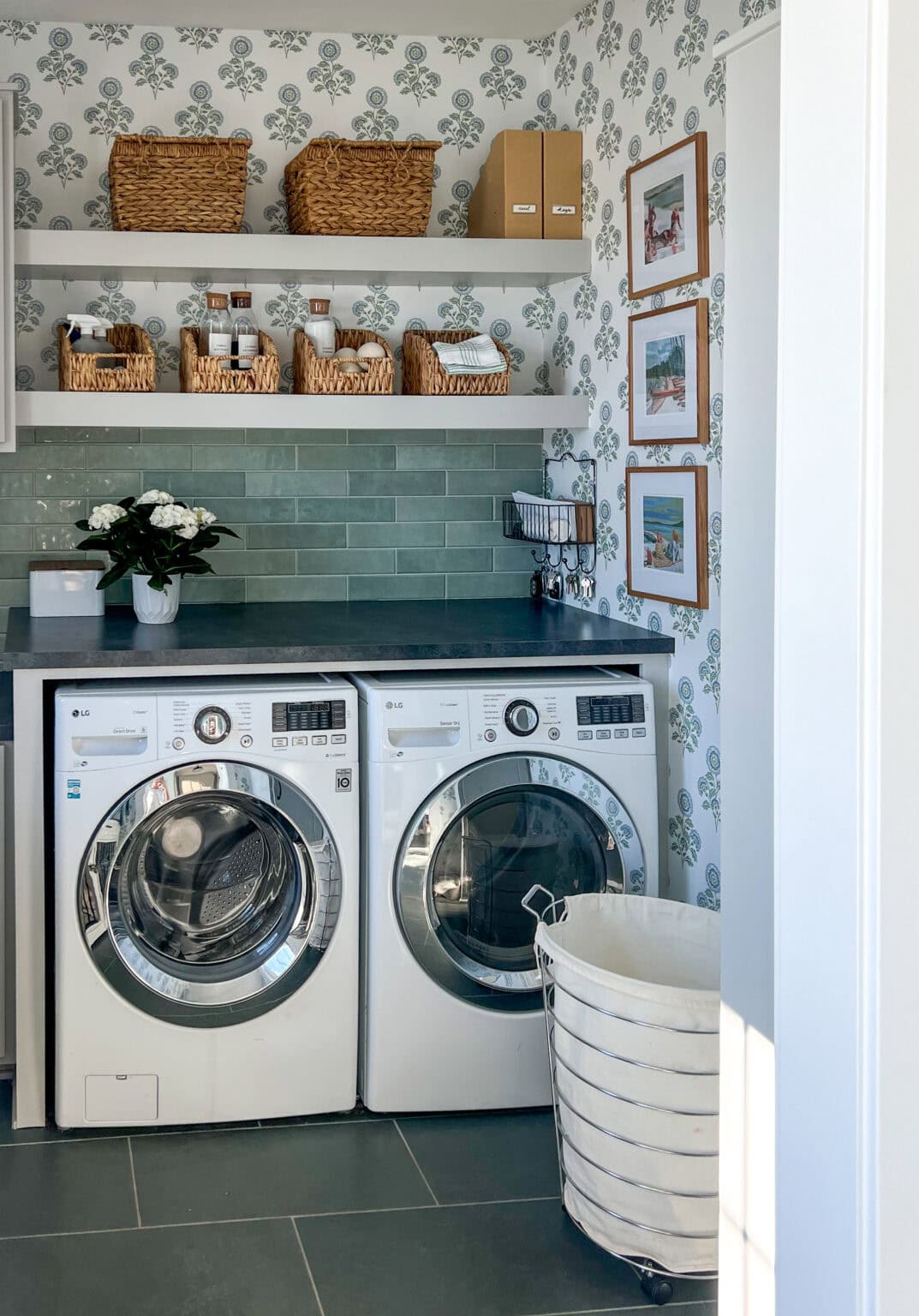 Lake House Laundry Room with Floral Wallpaper - The Lilypad Cottage